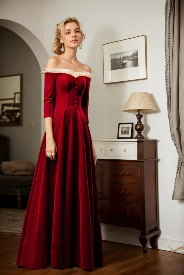 Save On Inspired Styles Vintage Ruffled tulle Off-the-shoulder 3/4 long sleeves Velvet Dress