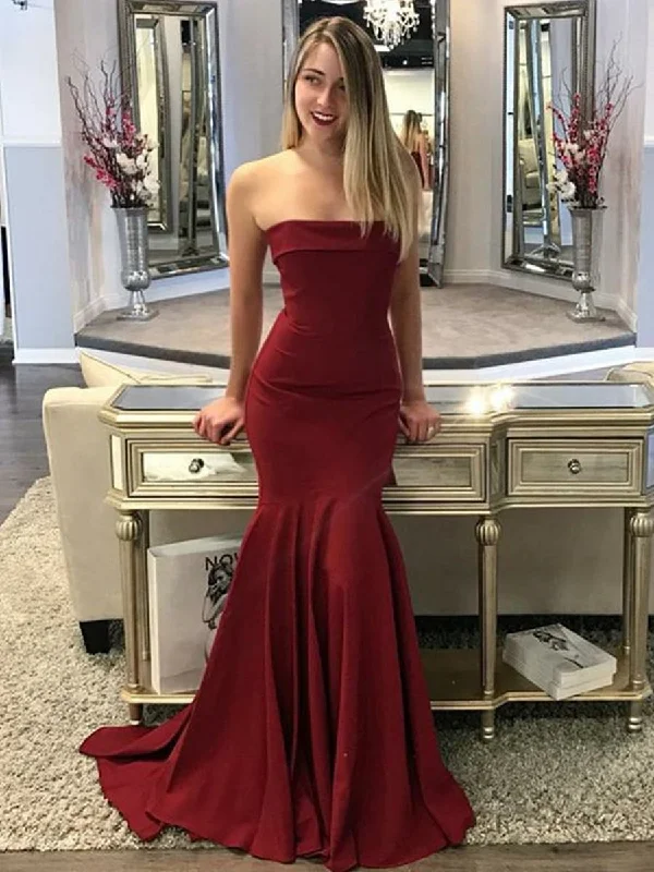 Big Savings Mermaid Strapless Sweep Train Burgundy Elastic Satin Long Prom Dresses, Burgundy Mermaid Formal Dresses, Burgundy Evening Dresses