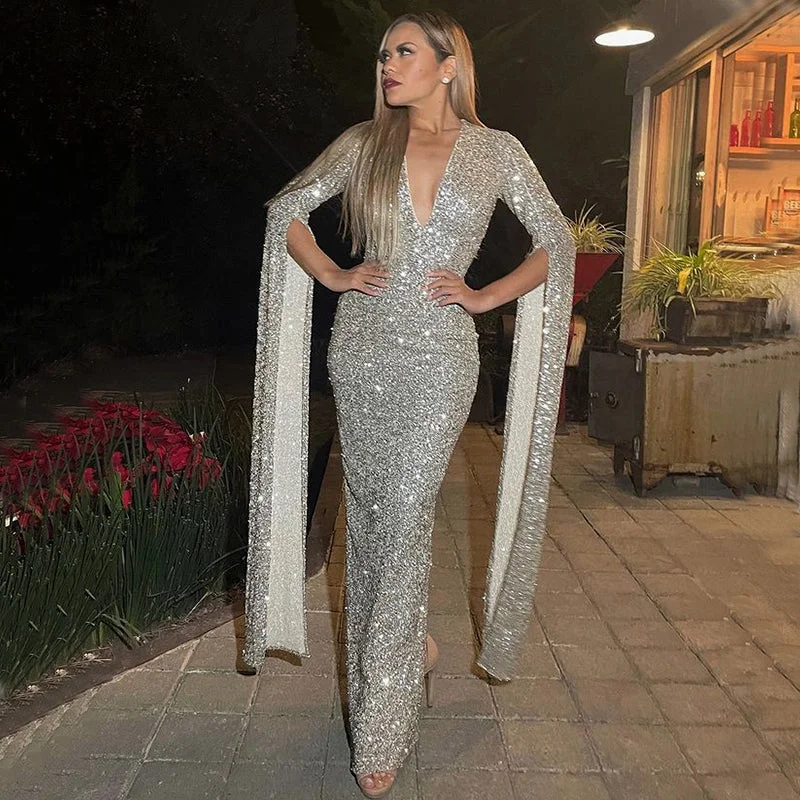 Spring Fling Sale Sparkly Silver V-neck Long Sleeves Mermaid Long Prom Dress, PD3408