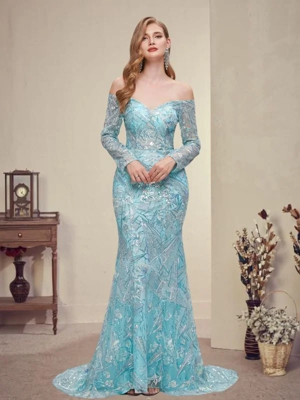 Clearance Event Modest Off-shoulder Ice-blue Long Sleeves Mermaid Long Lace Prom Dress, PD3571