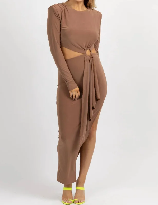 Feminine Soft - Hued Look Longsleeve Circlet Cutout Midi Dress In Khaki