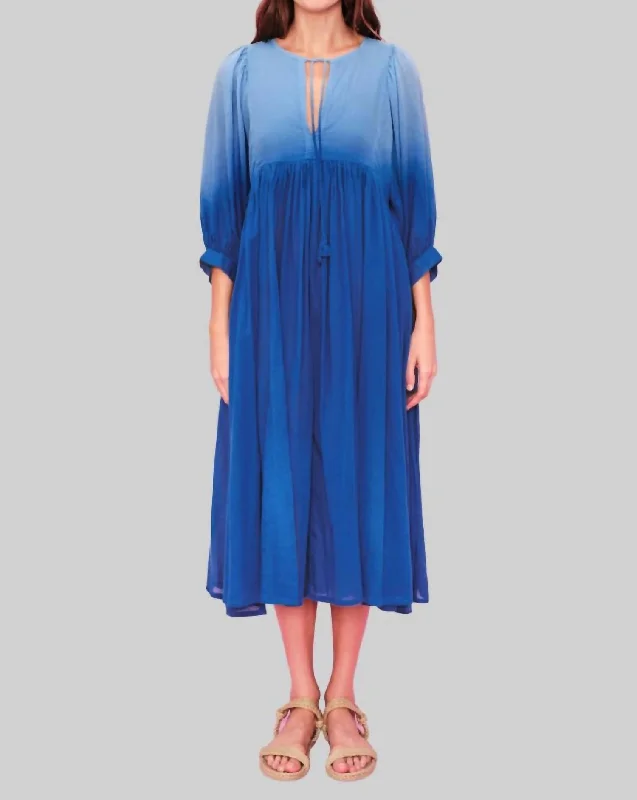 Final Clearance Blouson Sleeve Midi Dress In Blue Ombre