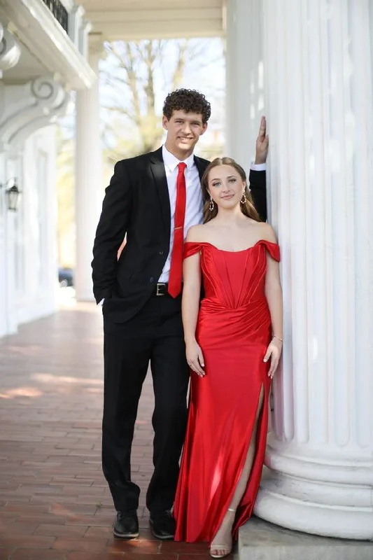 Special Occasion Wear Red Off The Shoulder Prom Dress With Split,Red Evening Gown Y6568