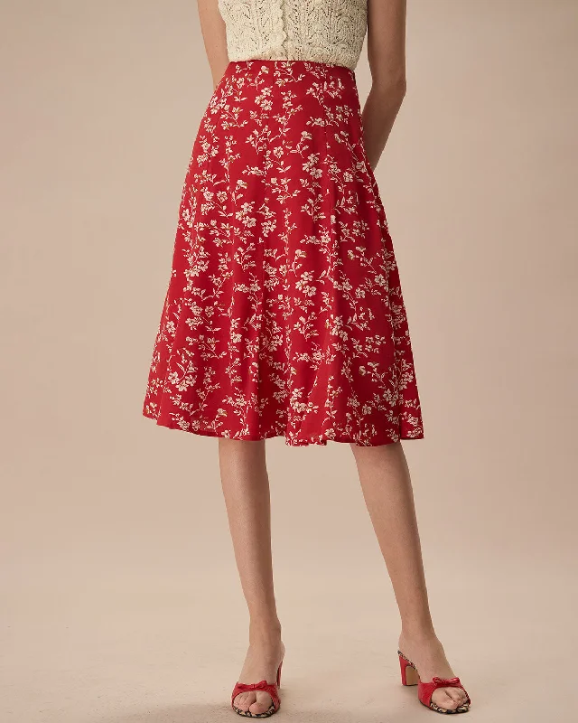 Disco - Inspired Retro Dance Look The Red High-Waisted Floral Midi Skirt