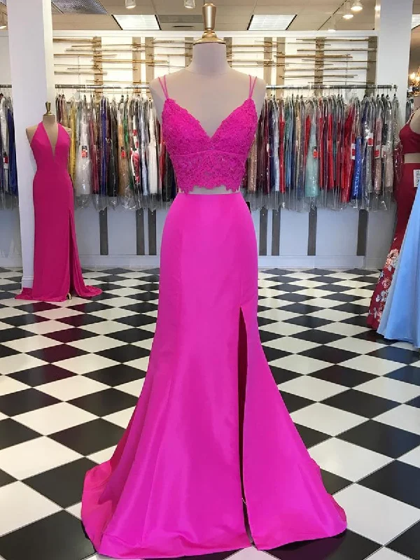 Fashionista Favorites V Neck Two Pieces Mermaid Lace Satin Fuchsia Prom Dresses with Leg Slit, Fuchsia Mermaid Formal Dresses, Fuchsia Lace Evening Dresses