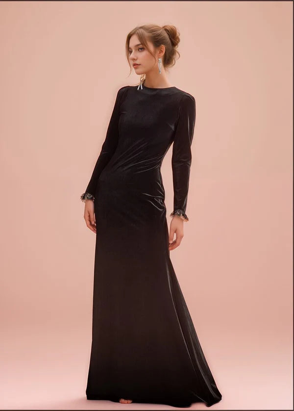 Limited Time Deal Hepburn Style Long Sleeves Jewel neckline A-line Velvet Prom Dress