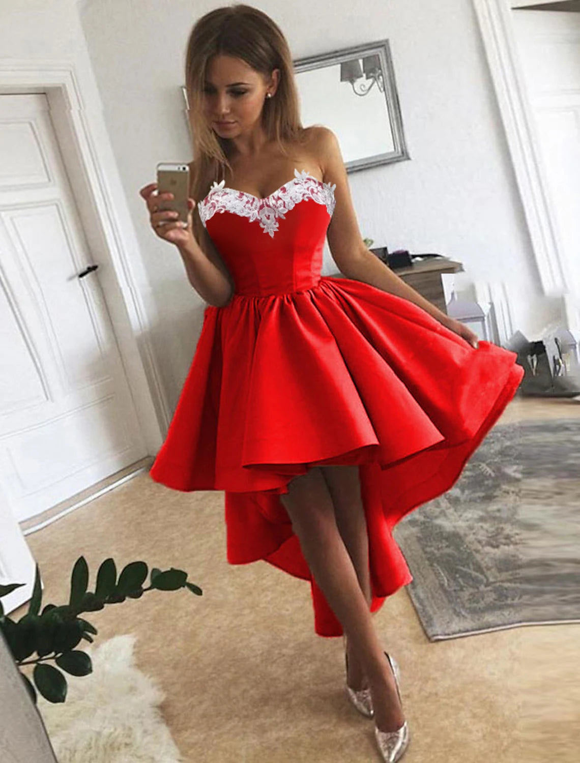 Budget-Friendly Fashion A-Line Cocktail Dresses Minimalist Dress Homecoming Graduation Asymmetrical Sleeveless Strapless Satin with Appliques