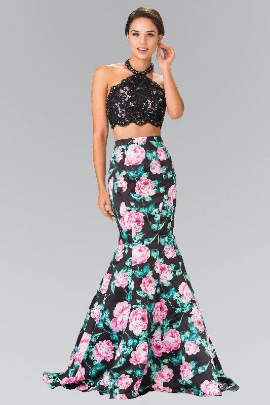 Rustic Countryside Charm Look Halter-Neck Two-Piece Floral Print Long Prom Dress