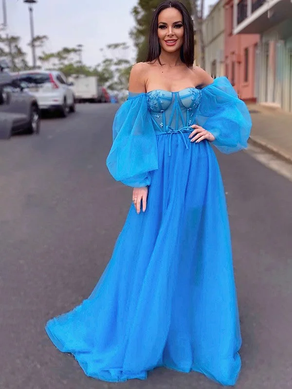 Limited Styles A-Line/Princess Tulle Beading Off-the-Shoulder Long Sleeves Sweep/Brush Train Dresses