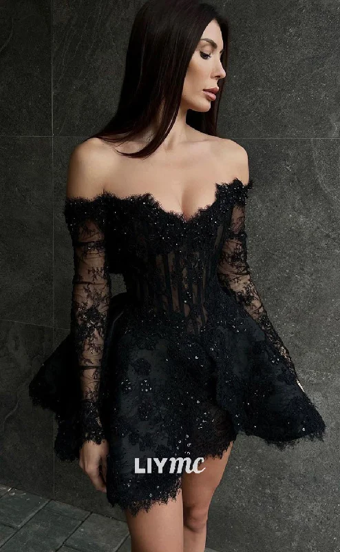 Exclusive Sale LY046 - Off-Shoulder Lace Appliques Long Sleeves A-Line Short Homecoming Dress