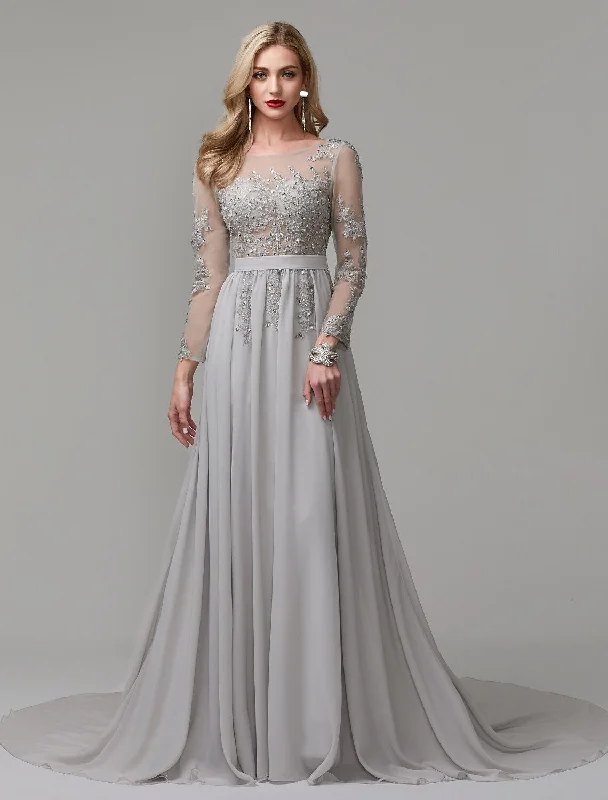 Hot Styles A-Line Luxurious Engagement Formal Evening Dress Illusion Neck V Back Low Back Long Sleeve Chapel Train Chiffon with Sequin Appliques / Illusion Sleeve