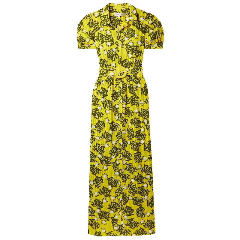 Spring Fashion Diane von Furstenberg DVF Women's Paddy Olive Leaves Signature Yellow Belted Midi Dress