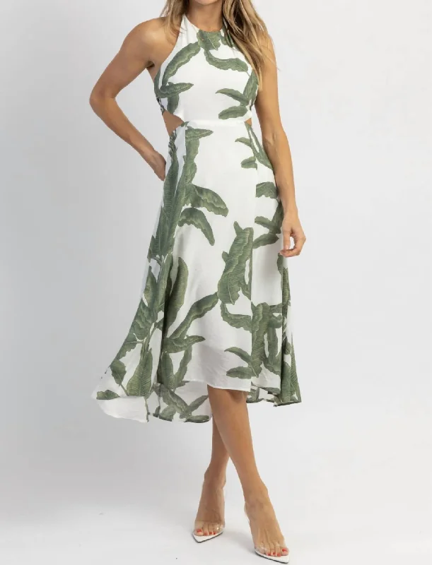 Casual Weekend Relaxed Style Halterneck Midi Dress In Lost Palms Green