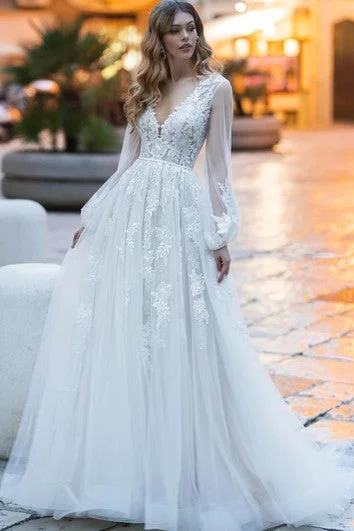 Disco - Inspired Retro Dance Look Elegant A Line V-neck Lace Court Train Wedding Dress with Appliques