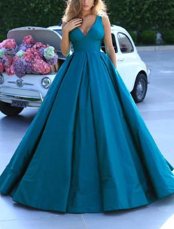 Fashion Deal Ball Gown Minimalist Elegant Quinceanera Prom Dress V Neck Sleeveless Sweep / Brush Train Satin with Pleats