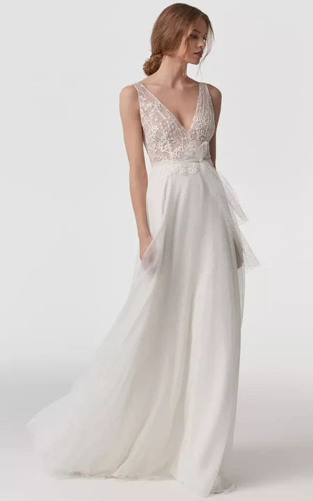 Seasonal Trends Deep-v Neck Sleeveless Empire Sheath Chiffon Wedding Dress with Bow and Lace Top