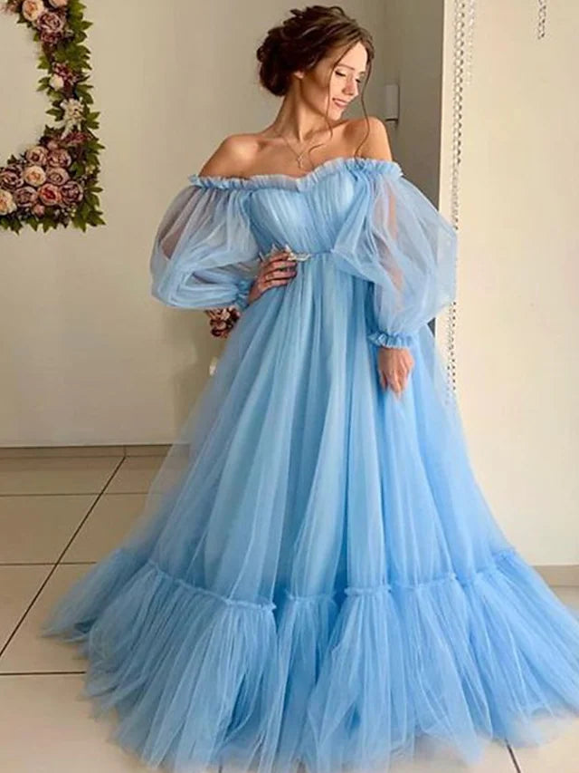 Feminine Soft - Hued Look Minimalist Elegant Engagement Prom Dress Off Shoulder Long Sleeve Floor Length Tulle with Pleats Appliques