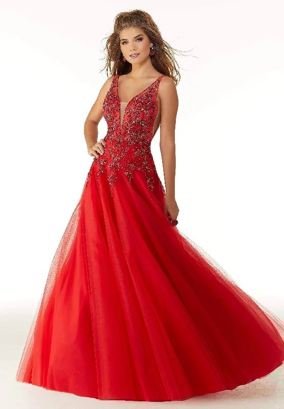 Stylish Women's Garments Mori Lee - Plunging Deep V-Neck Crystal Beaded A-Line Dress 45036