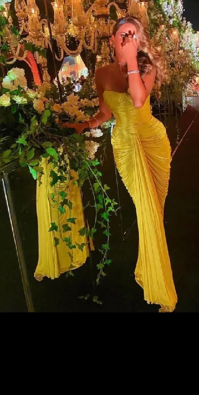 Holiday Sale Yellow Pleated Long Prom Dresses Sweetheart Mermaid Floor Length Evening Gowns Y5276