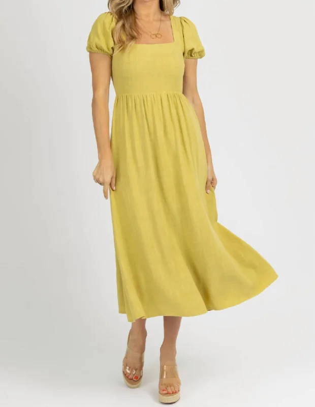 Special Occasion Wear Puff Sleeve Open-Back Midi Dress In Palm Lime