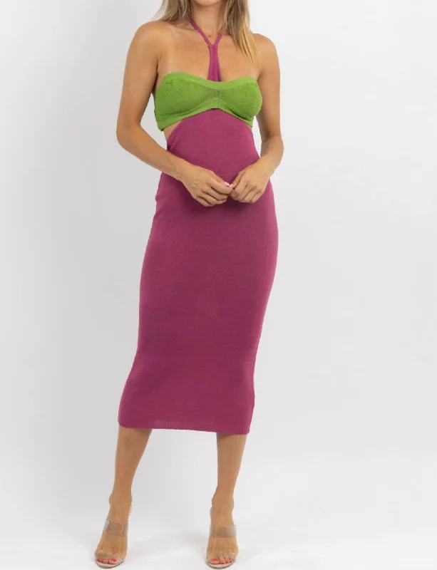 Pastel Styles Osaka Halter Neck Midi Dress In Purple & Green