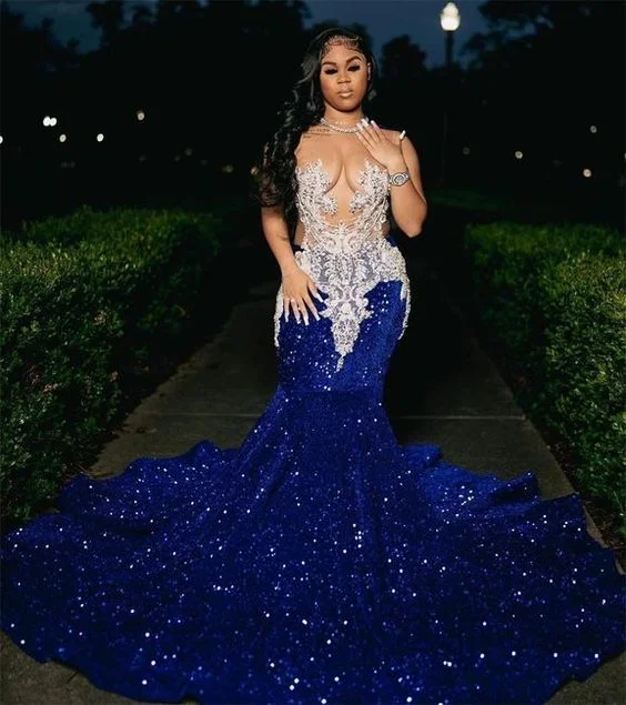 Limited - Edition Drops Royal Blue Sequins Mermaid Evening Dress With Sheer Neck Plus Size Formal Evening Occasion Gowns Y6358