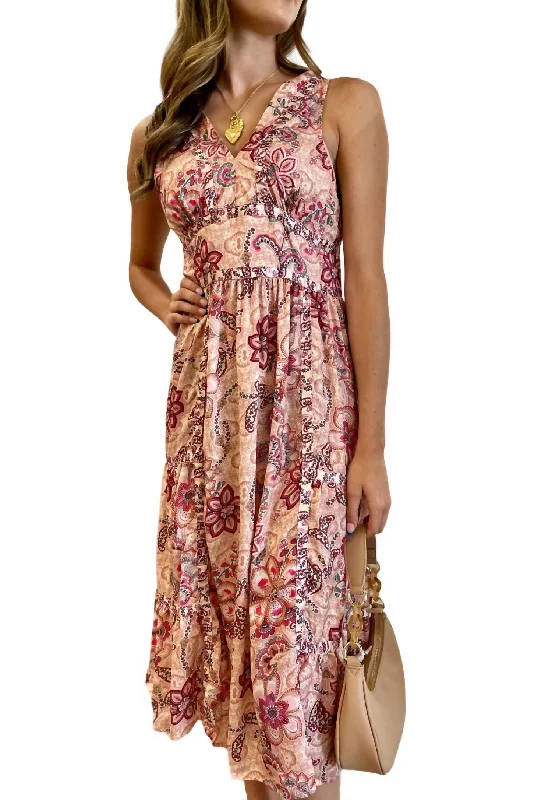 Early Access To Art Deco Styles Sale Print Sleeveless Midi Dress In Pink Mix