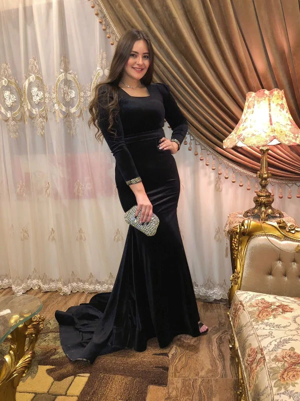 Flash Deals Elegant Black Long Sleeves Mermaid Evening Dress,Black Evening Gown Y5661