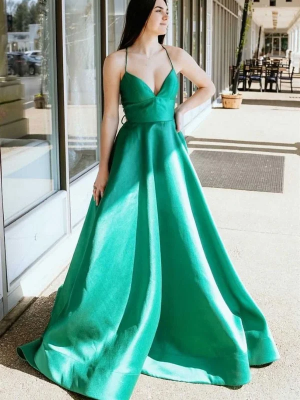 Weekend Special Simple V Neck Green Satin Long Prom Dresses, V Neck Green Formal Graduation Evening Dresses