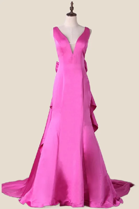 Great Deals On Ethnic Cultural Wear V Neck Fuchsia Satin A-line Long Dress