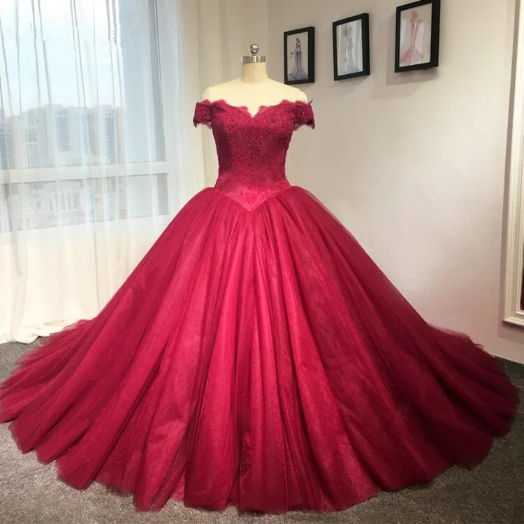 Season Sale Ball Gown Off Shoulder Sleeve Burgundy Lace Wedding Dress