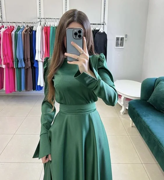 Spring Fashion Modest Green A-line Long Sleeves Prom Dress,Green Party Gown Y6884