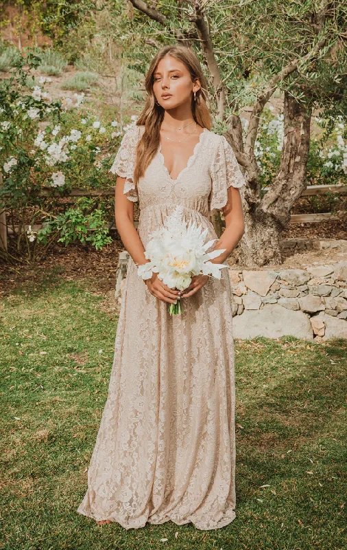 Fashion For Every Occasion Half Sleeve Boho Lace Champagne Wedding Dress