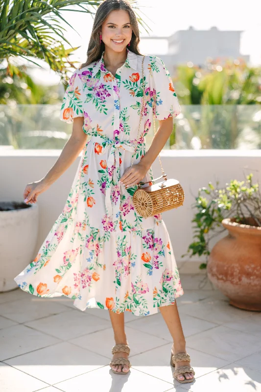 Limited Quantities Give You Everything Ivory White Floral Midi Dress