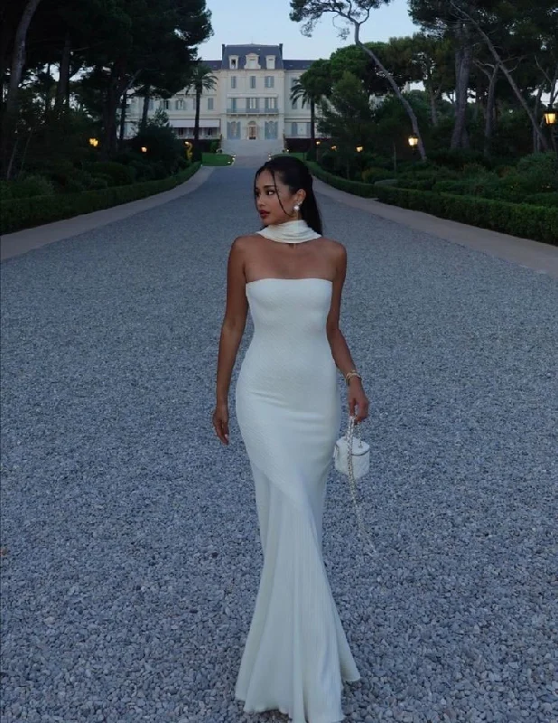 Fashion For Every Occasion Elegant White Strapless Mermaid Satin Long Party Dress Evening Gown MD7832