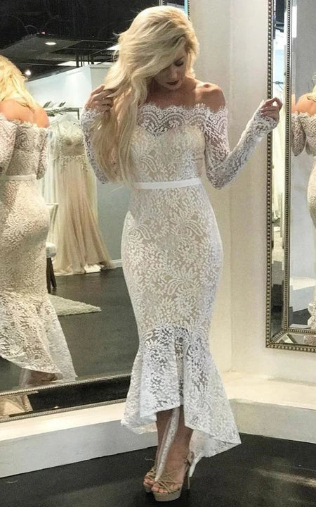 Early Access To Art Deco Styles Sale Long Sleeve Off-the-shoulder Sheer Lace Mermaid Pencil Ankle-length Wedding Dress