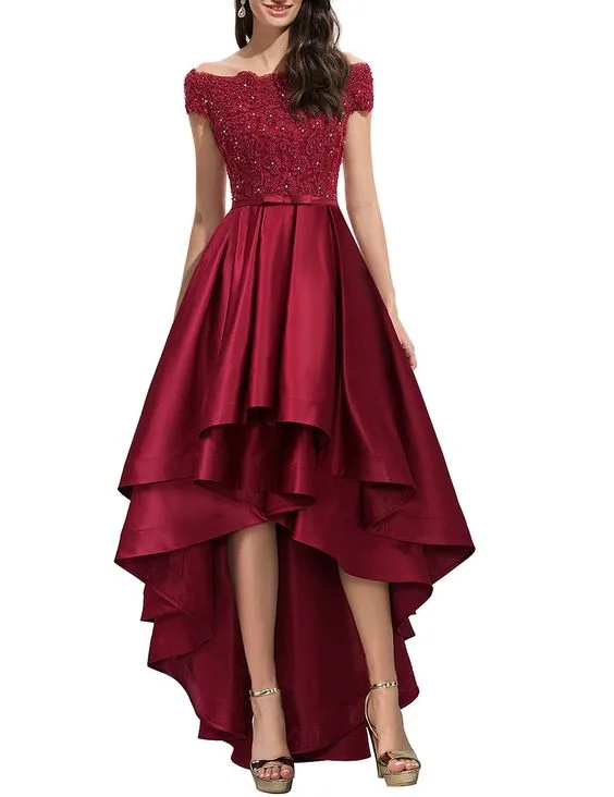 Discounts On Casual Weekend Styles Off Shoulder Prom Dresses High Low Formal Gowns Evening Dress Lace Appliques Y5685