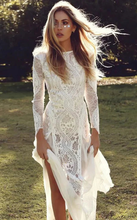 Best-Sellers Boho Lace Front Split Long Sleeve Bateau-neck Keyhole Sheath Wedding Dress