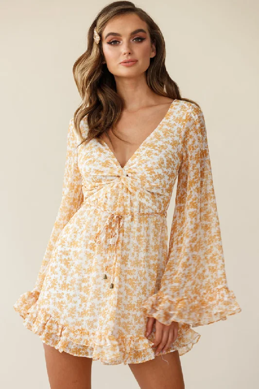 Stylish Looks Perri Bell Sleeve Twist Knot Bust Dress Floral Print Yellow