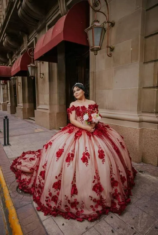 Celebrate With Big Savings Red Lace Quinceanera Dress Ball Gown Off Shoulder Sweet 16 Party Dress Y6424