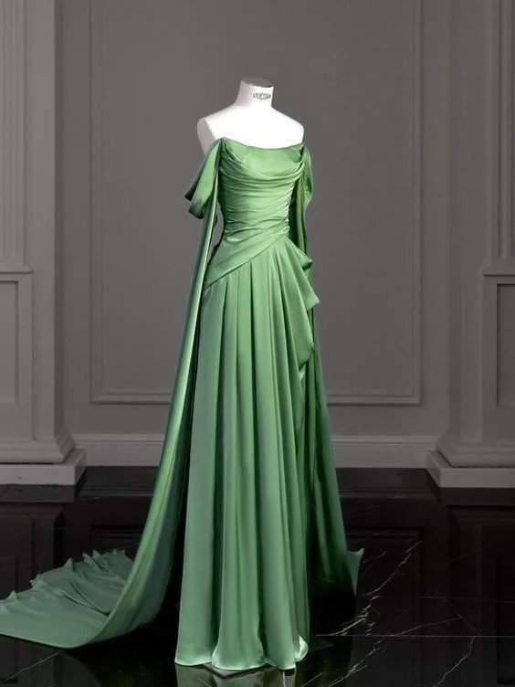 Clearance Event Green Off Shoulder A-Line Satin Long Formal Party Dress MD7348