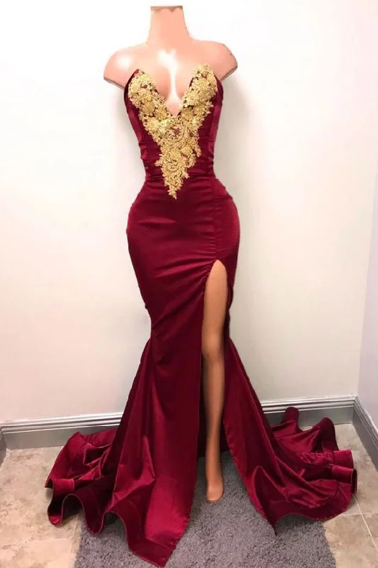 Beat The Heat In Tropical Styles Burgundy Mermaid Golden Lace Prom Dress,Long Burgundy Evening Dress,Sexy Prom Gowns Y552