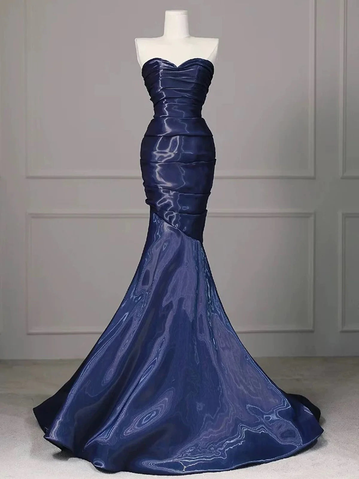 Great Prices On Feminine Styles Navy Blue Mermaid Strapless Long Evening Dress, Navy Blue Satin Prom Dress MD7613