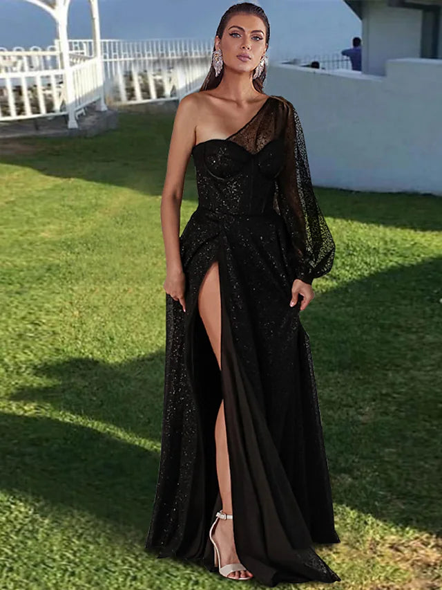 Save On Classic Elegant Styles Prom Dresses Sparkle & Shine Dress Party Wear Floor Length Long Sleeve One Shoulder  Tulle with Pleats Sequin Slit