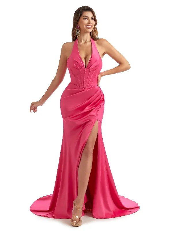 Mother'S Day Special Sexy Side Slit Halter V-Neck Mermaid Trendy Satin Long Wedding Guest Dresses