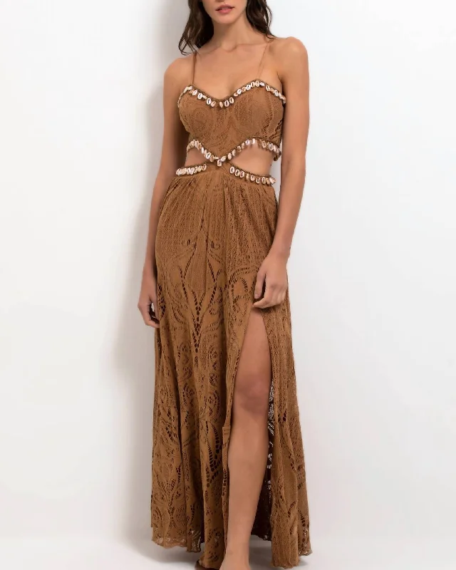 Mother'S Day Special Beaded Seashell Cut-Out Maxi Dress In Almond