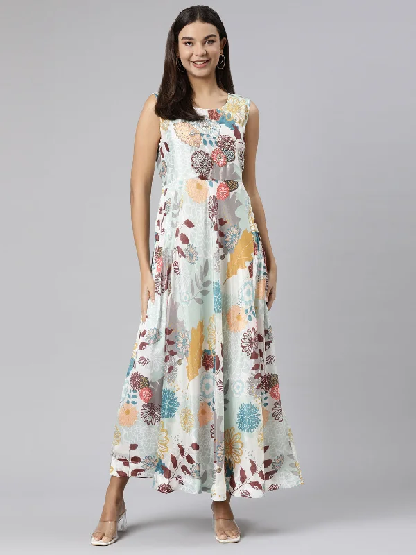 Feminine Soft - Hued Look Neeru's Green Straight Casual Floral Dresses