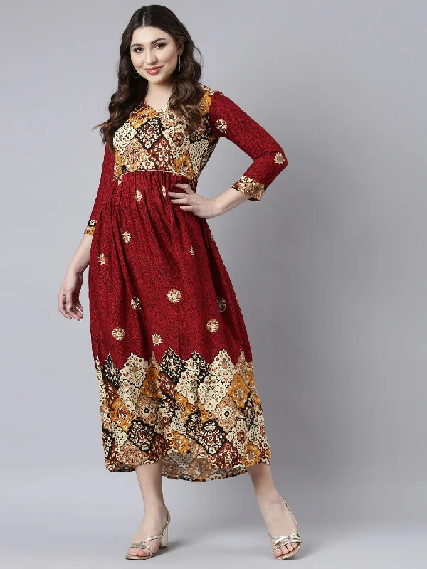 Weekend Special Neerus Maroon Straight Casual Floral Maxi Dresses