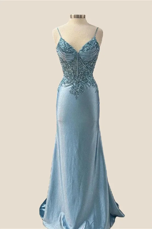 Spring Wardrobe V-neck Blue Beaded Mermaid Satin Long Dress