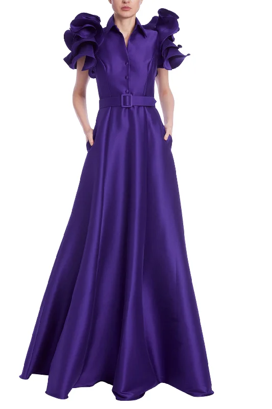 Women's Work Outfit For The Office Badgley Mischka EG4184 Formal Long Belted Ruffle Dress